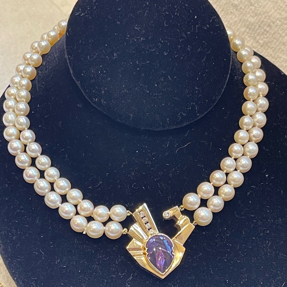 Vintage 14k gold diamond pearl amethyst necklace - Picture 3 of 16